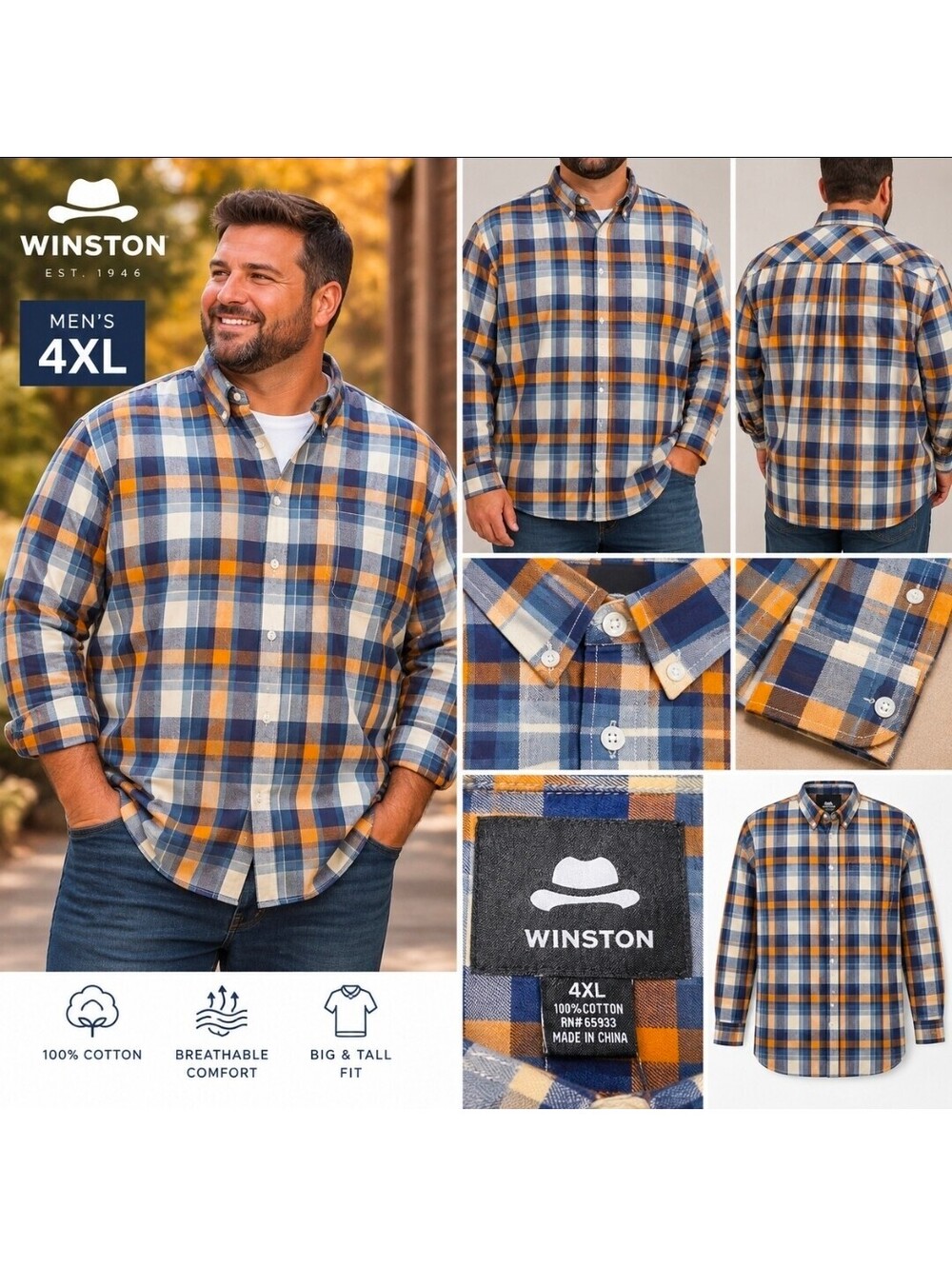 Winston Men’s 4XL Plaid Button Down Shirt NWT 100% Cotton Blue Orange Big Tall